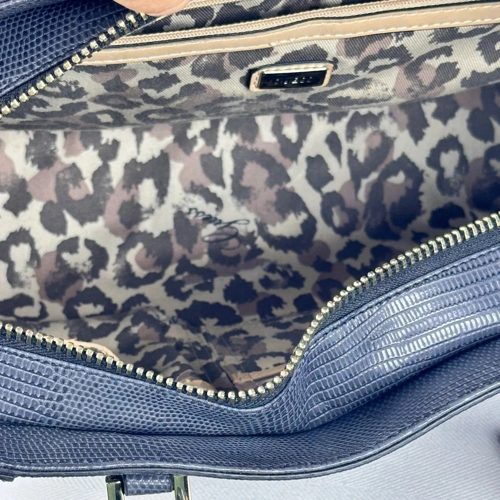 Guess Charcoal Blue Monogram Satchel Laser Cut Purse Leopard Lining Hand Bag